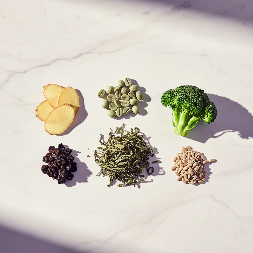 Overhead flat-lay of green coffee beans, green tea leaves, ginger, garcinia and botanicals